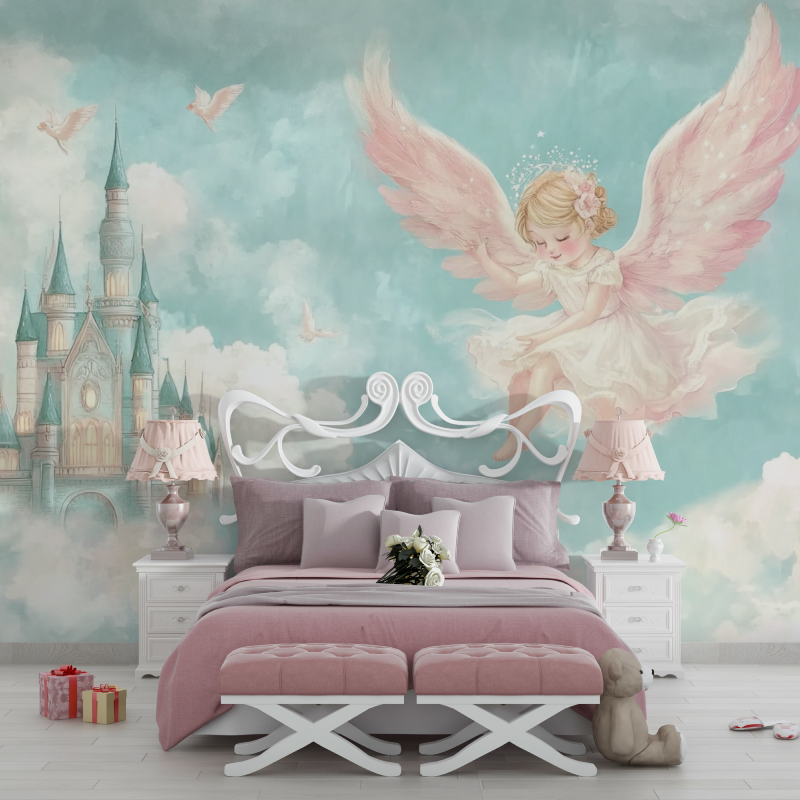 Papier peint chateau et ange chambre filles