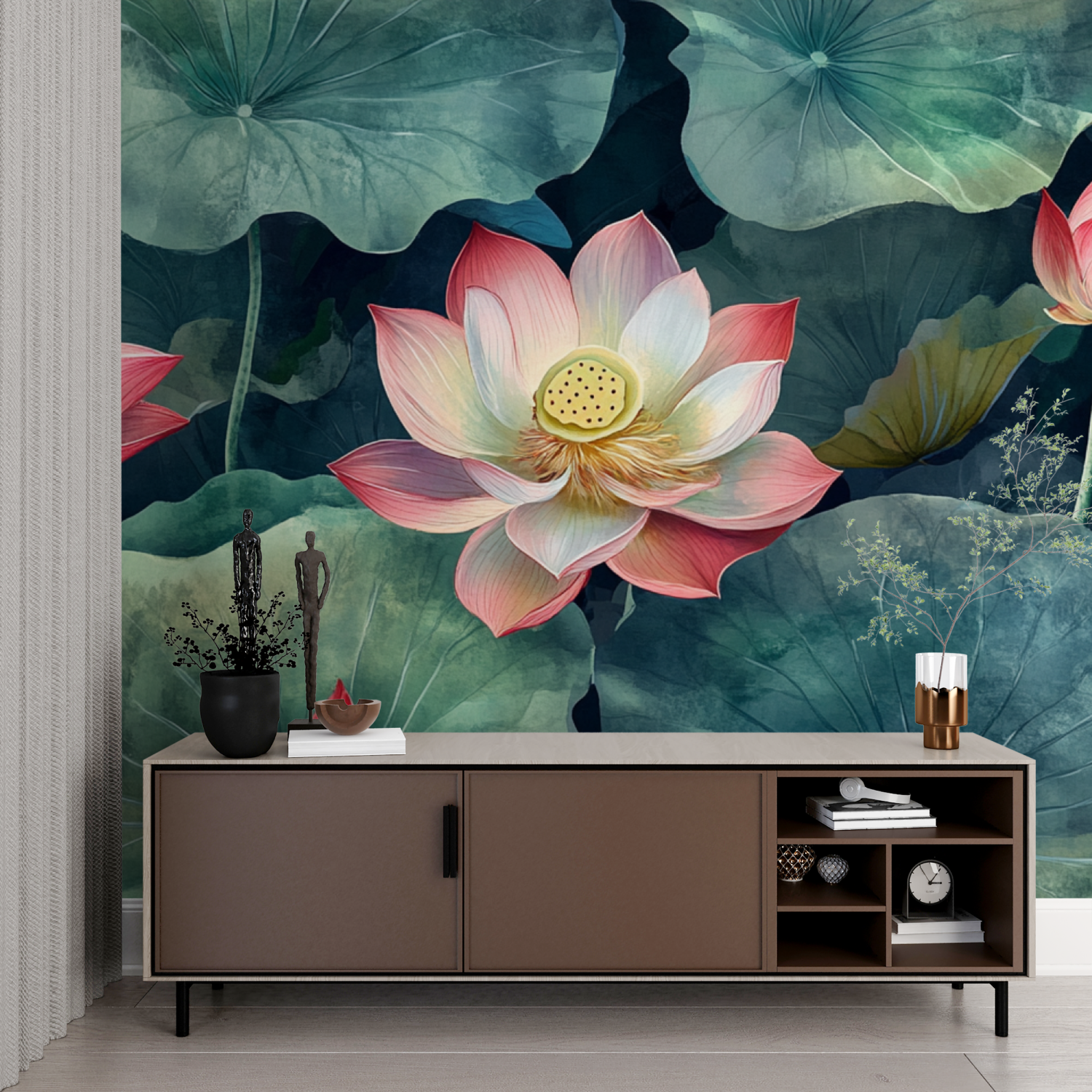 Papier peint aquarelle lotus et feuilles vertes imprime