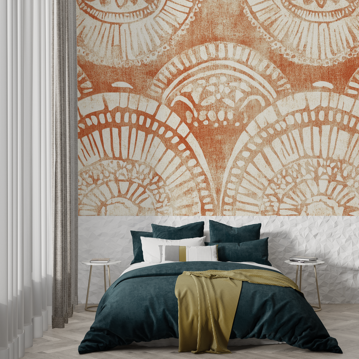 Papier peint terracotta ambiance boheme trompe loeil