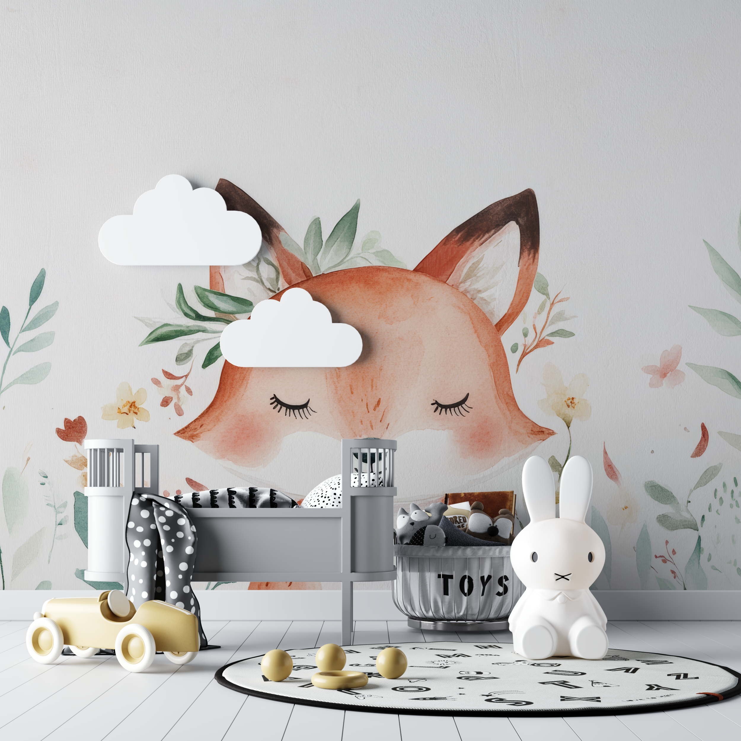 Papier peint renard boheme fond blanc bebe tipi