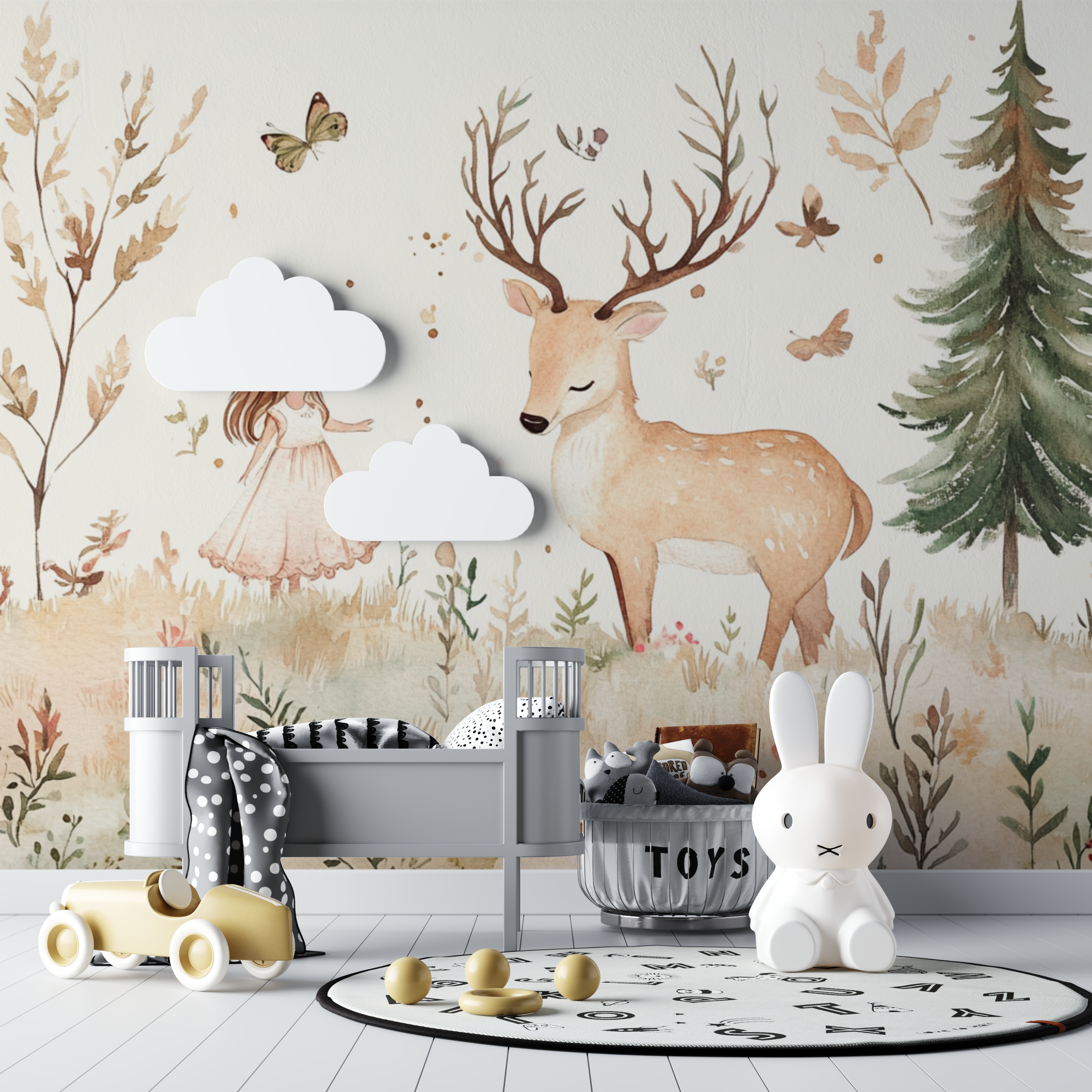Papier peint animaux fille foret cerf bebe tipi