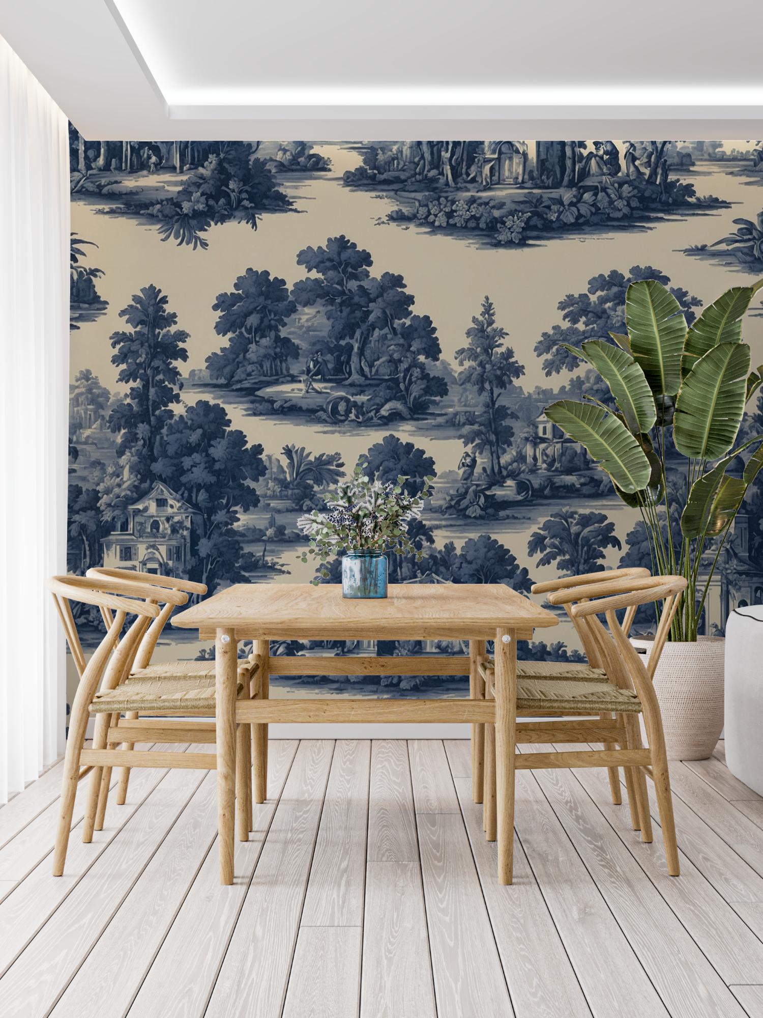 Papier Peint Jouy Motif Bleu - trompe l'oeil