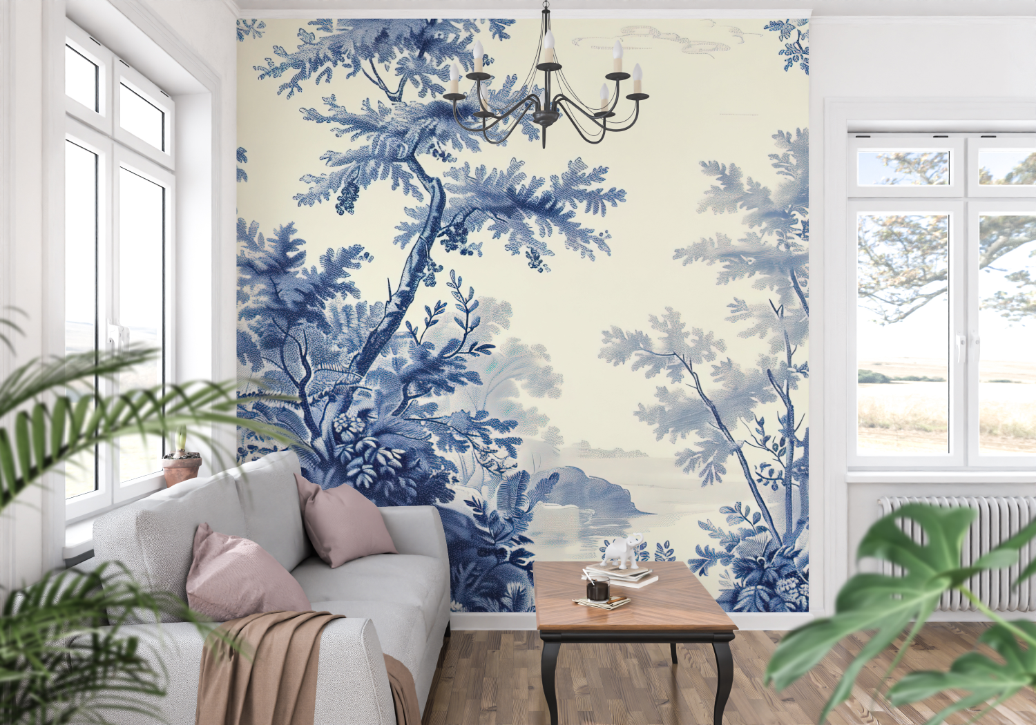 Papier Peint Toile De Jouy Étang Bleu - panoramique-mur