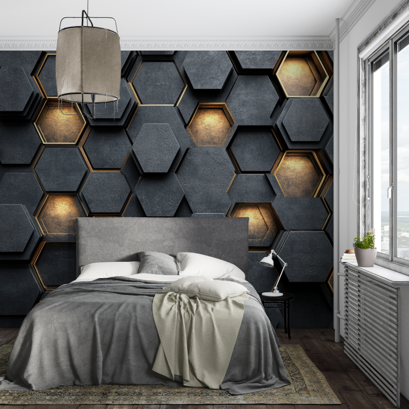 Papier peint gamer hexagones noir et or piece ados