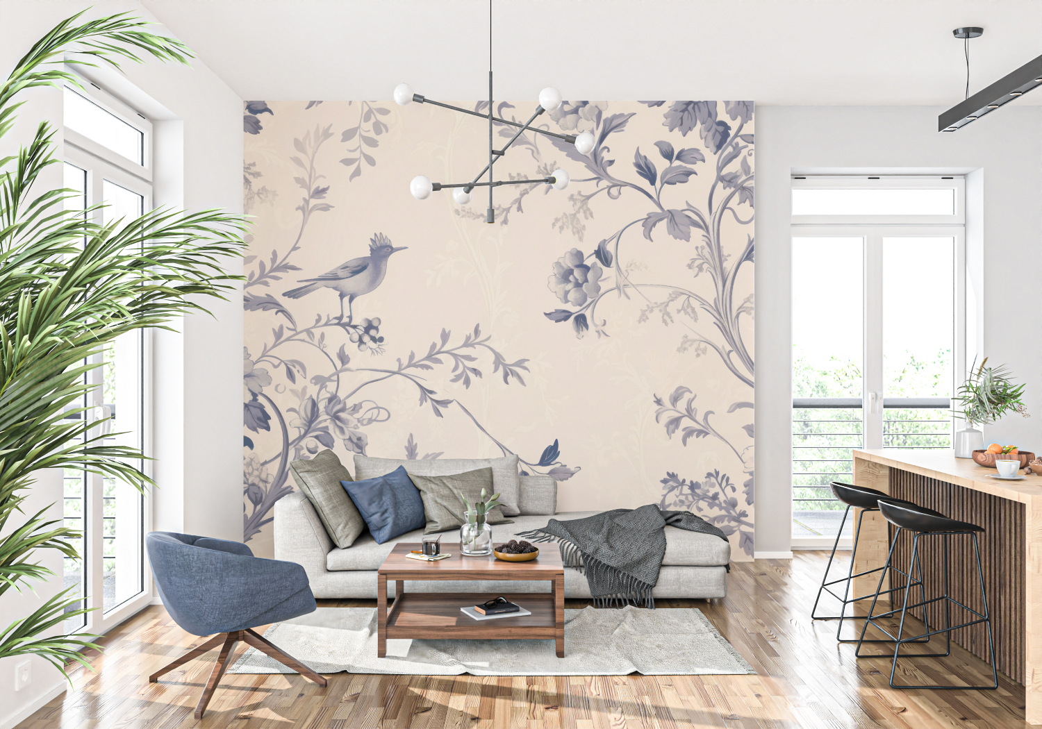 Papier Peint Toile De Jouy Ton Bleu - tapisserie