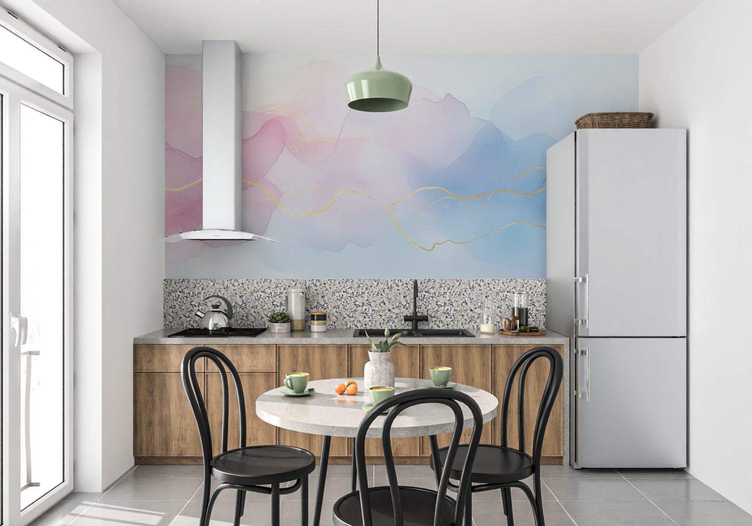 Papier peint aquarelle rose doree mur cuisine