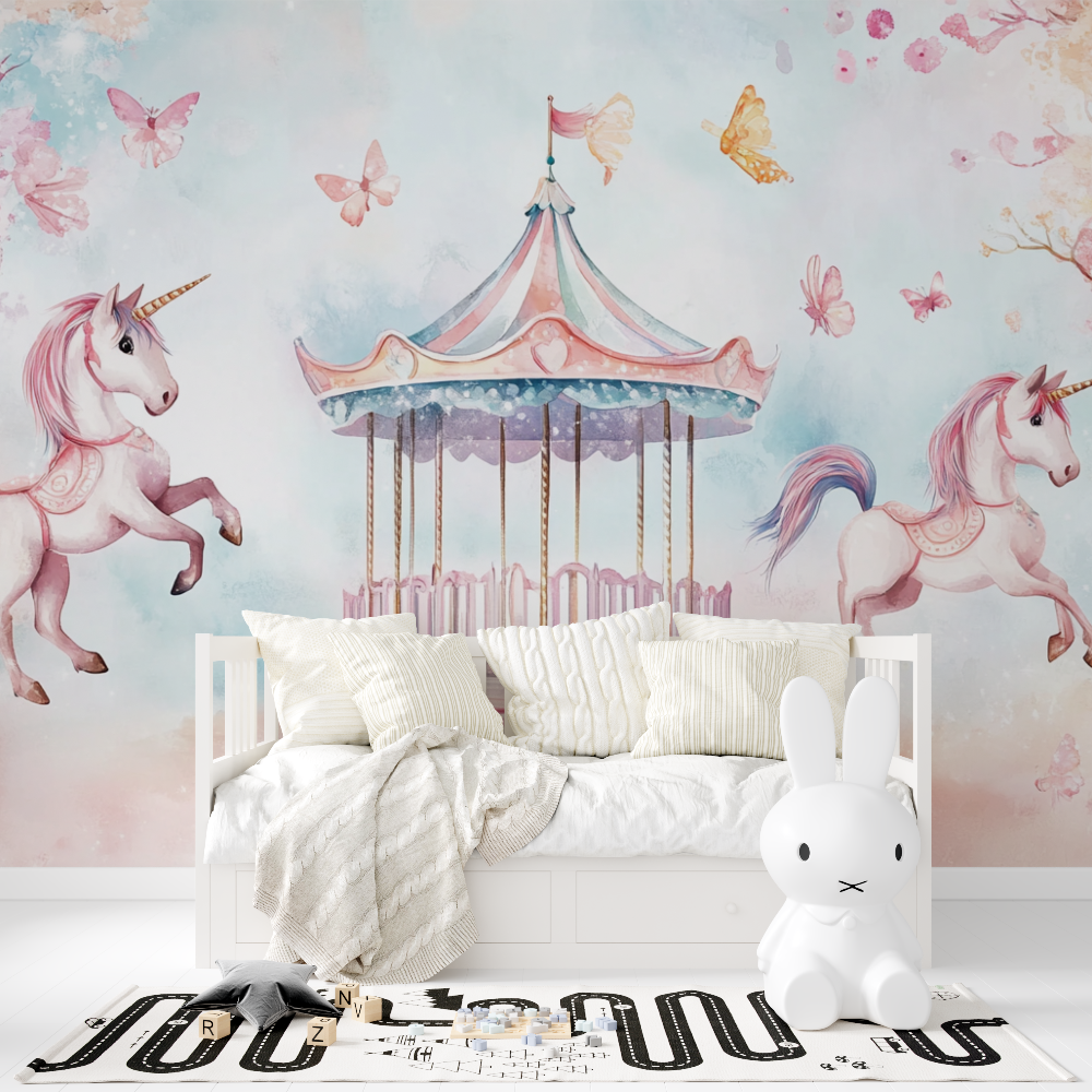 Papier peint licorne 4 murs fete carrousel tapisserie fille