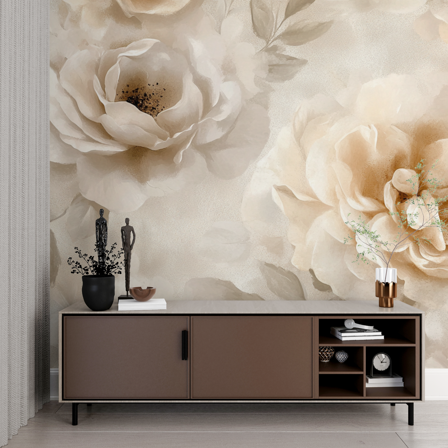 Papier peint aquarelle fleurs douces beige imprime