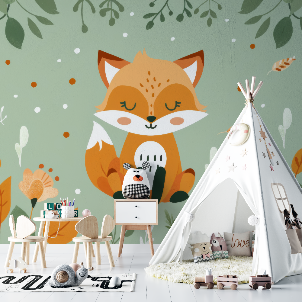 Papier peint renard et feuillage tropical chambre bebe