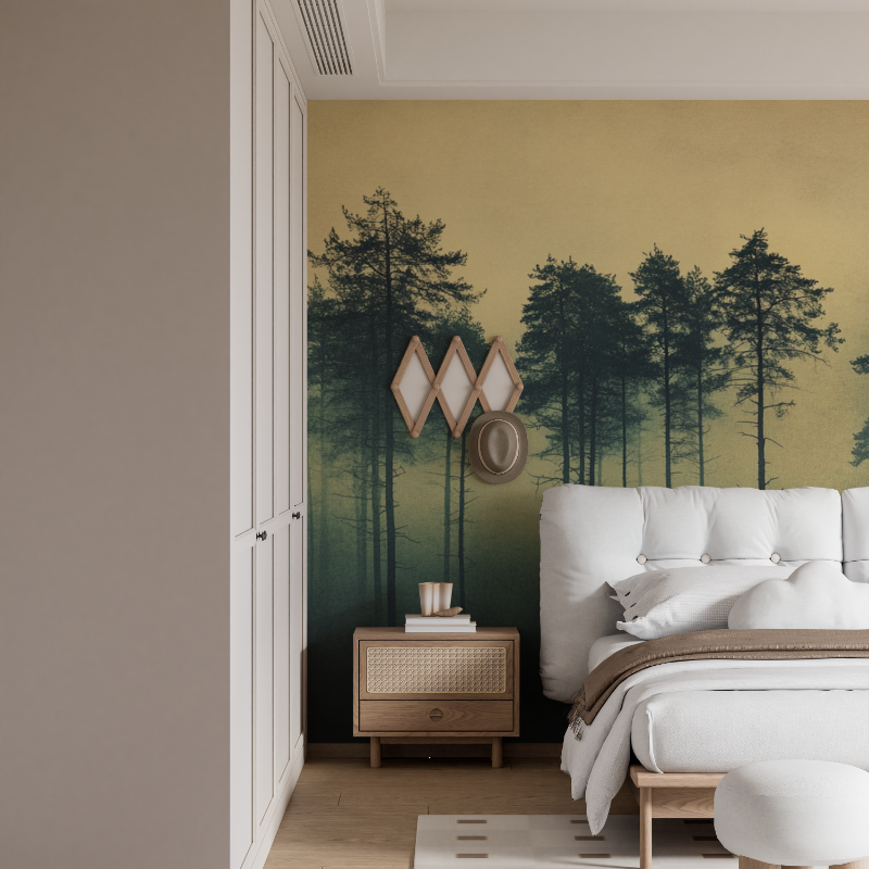 Papier peint aquarelle foret enveloppee de brume mural