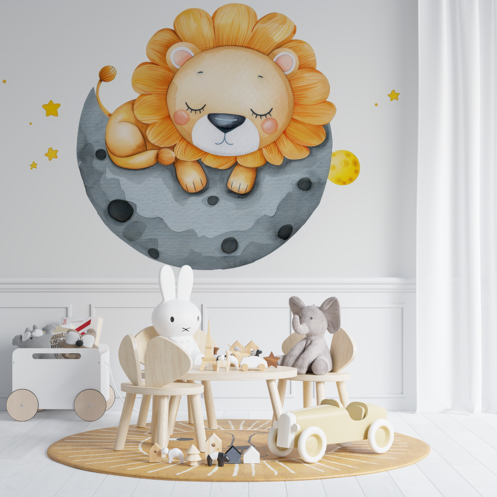 Papier peint lion et lune chambre de bebe