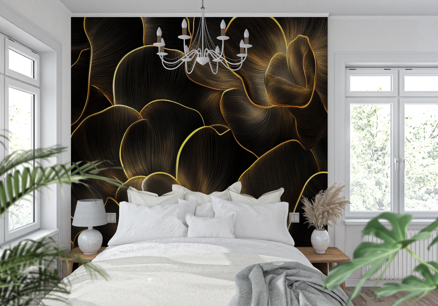 Papier Peint Fond Noir Et Or Feuilles - tendance mur