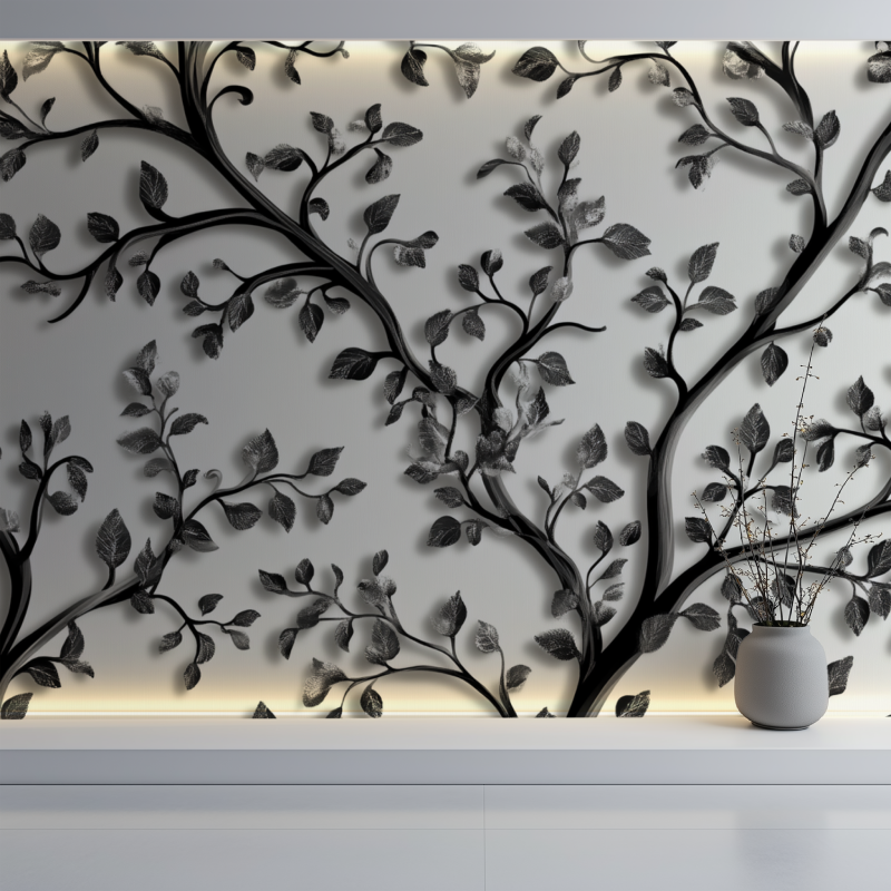 Papier peint arbre noir style baroque mur blanc