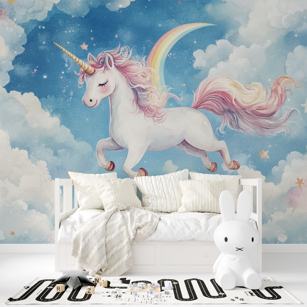 Papier peint decoration licorne...ciel bleu tapisserie fille