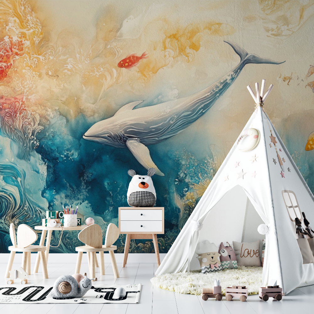 Papier peint baleine aquarelle multicolore chambre bebe