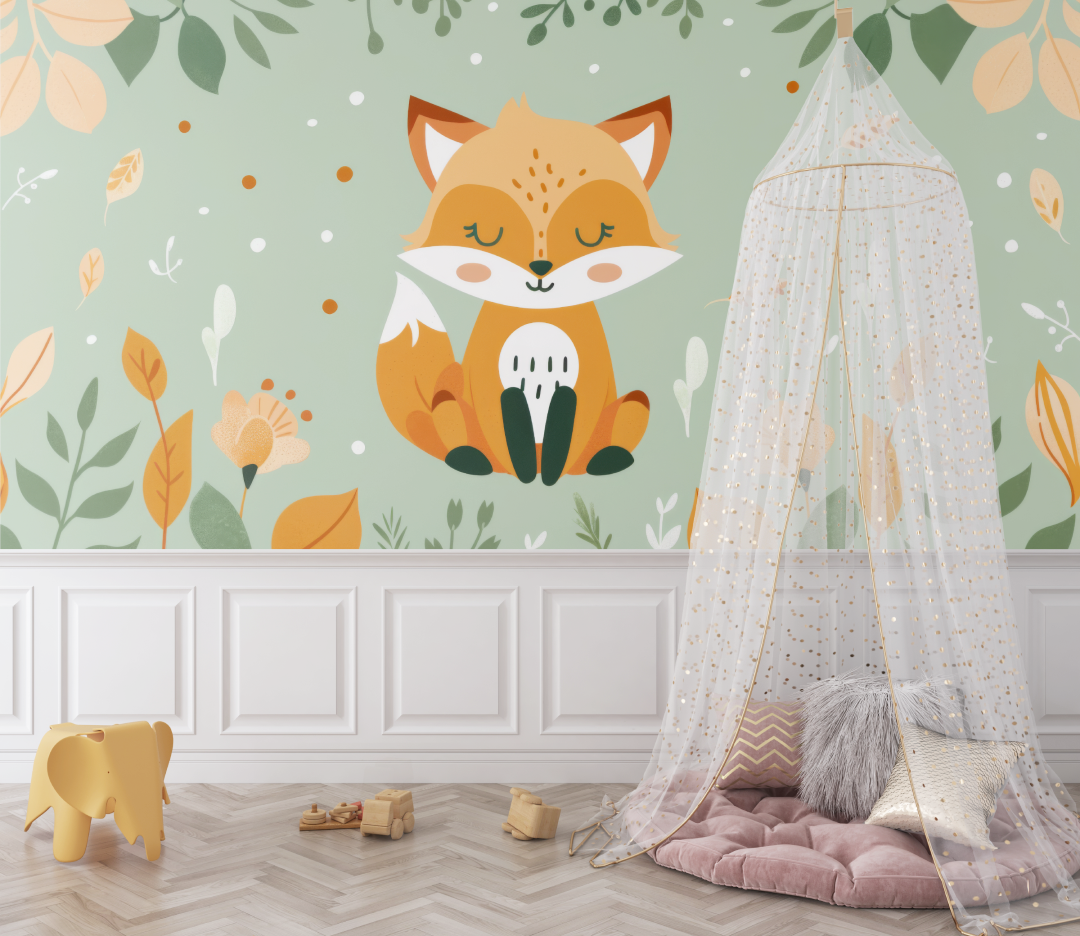 Papier peint renard et feuillage tropical bebe