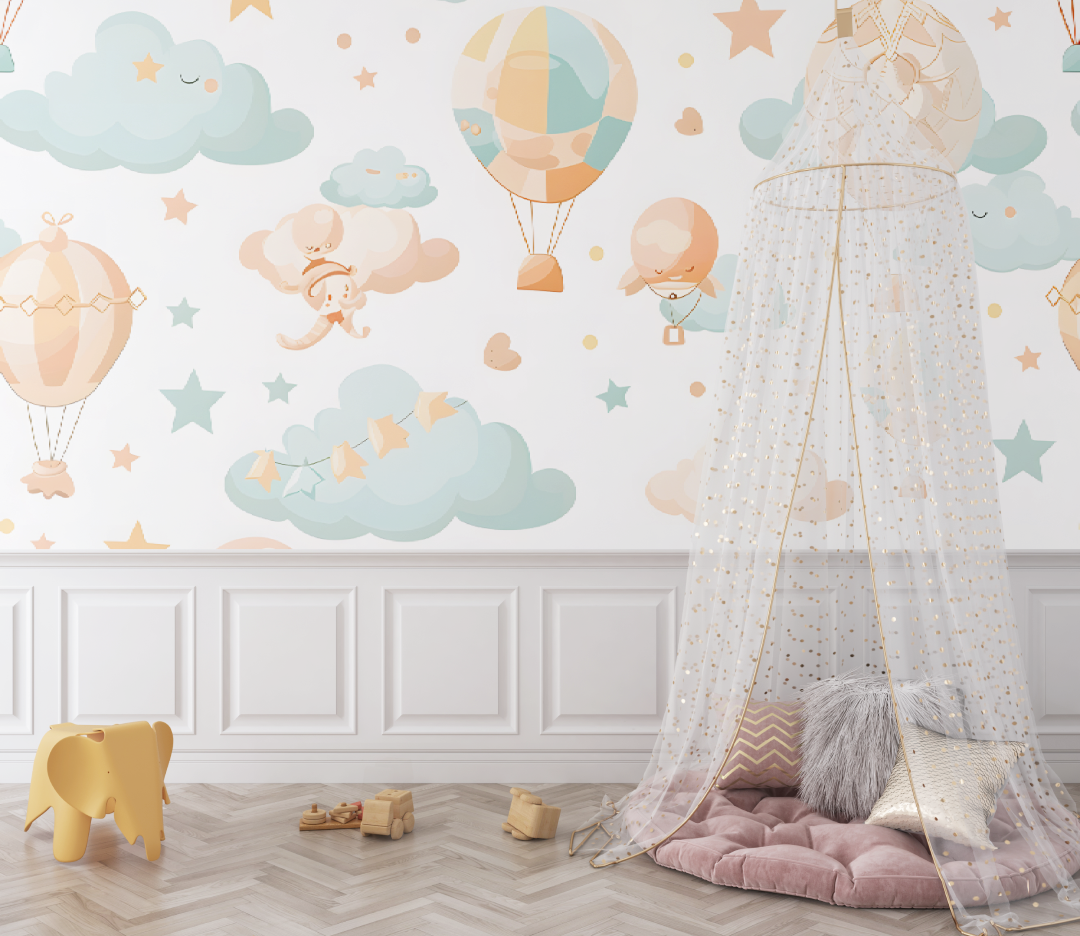 Papier peint bébé Montgolfières et nuages - chambre bébé