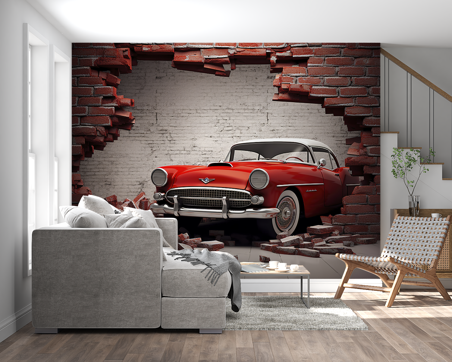 Papier peint trompe loeil voiture vintage panoramique mural