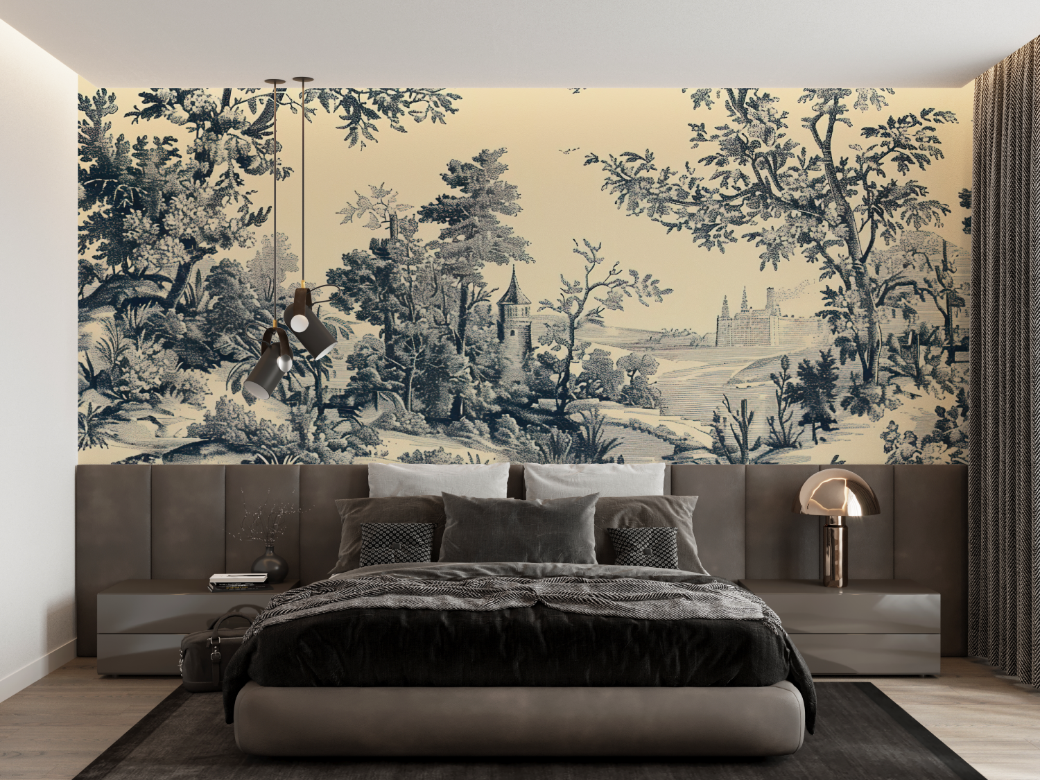 Papier Peint Toile De Jouy Ancien Noir - panoramique-mur