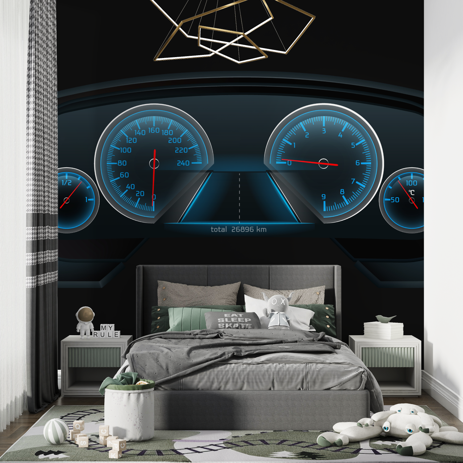 Papier peint tableau bord voitu...oir bleu chambre de garcon