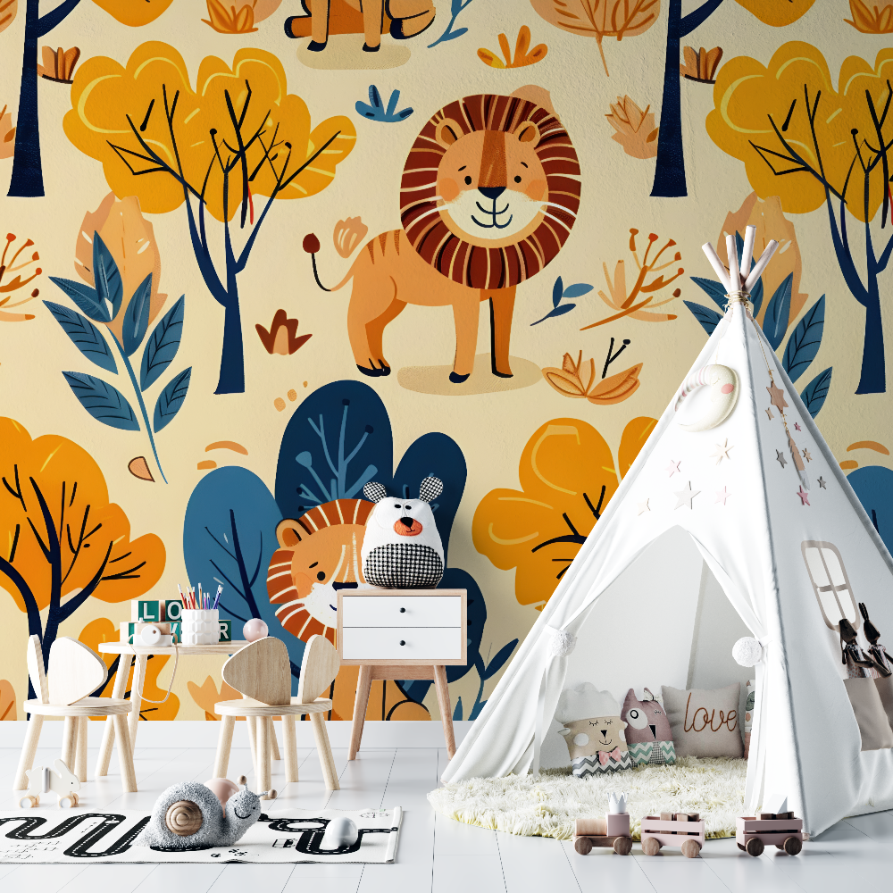 Papier peint lion motifs colore chambre bebe