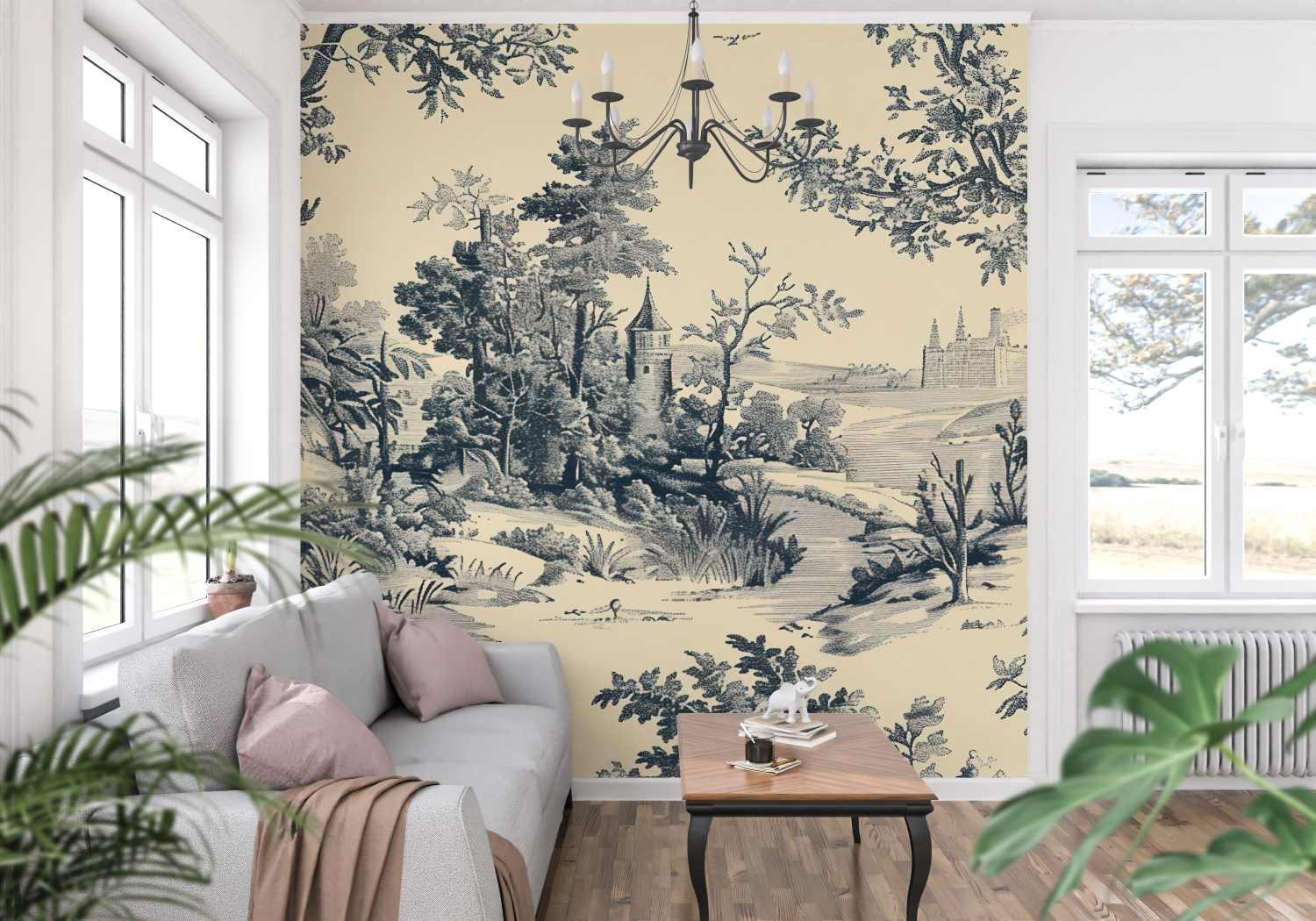 Papier Peint Toile De Jouy Chateau - trompe l'oeil