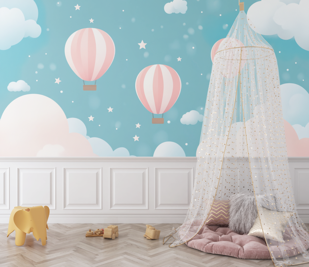 Papier peint montgolfiere et etoiles filantes bebe