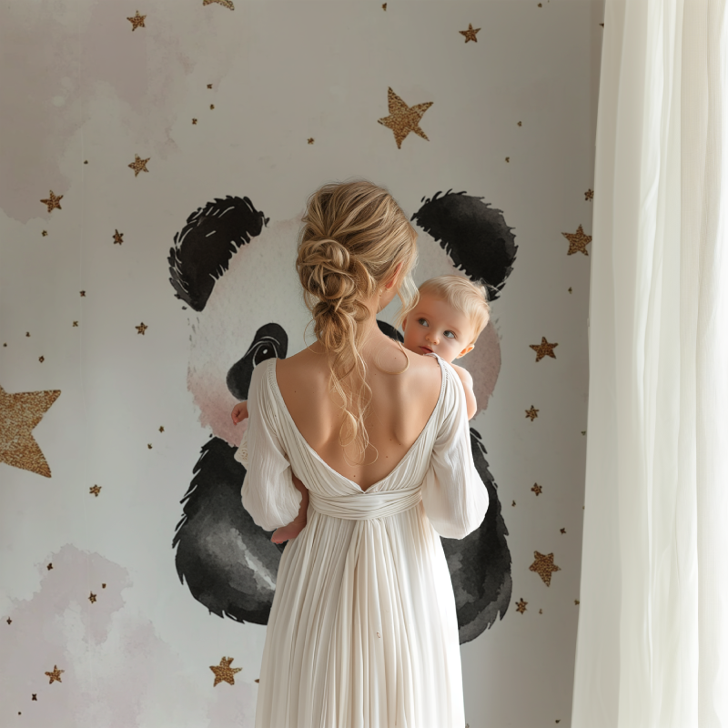 Papier peint panda et etoiles dorees bb123