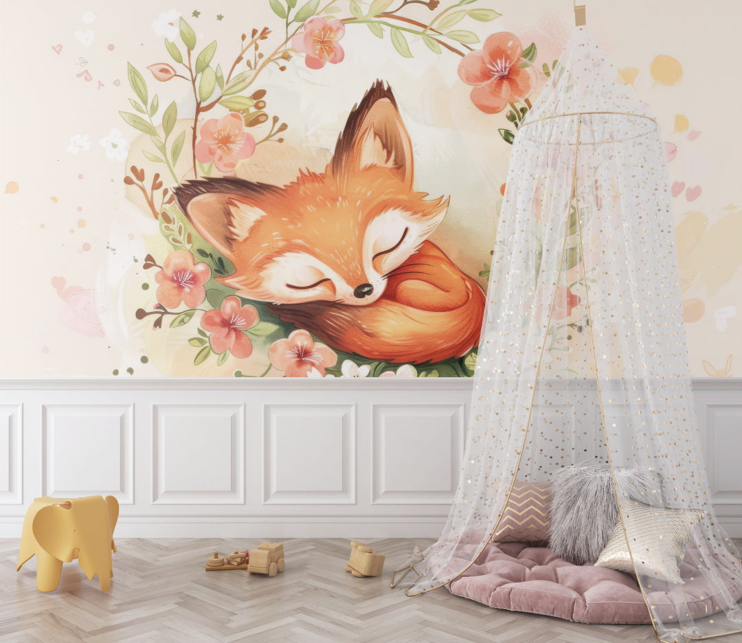 Papier peint renard couronne de fleurs bebe