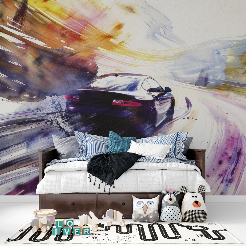 Papier peint voiture aquarelle design panoramique garcon