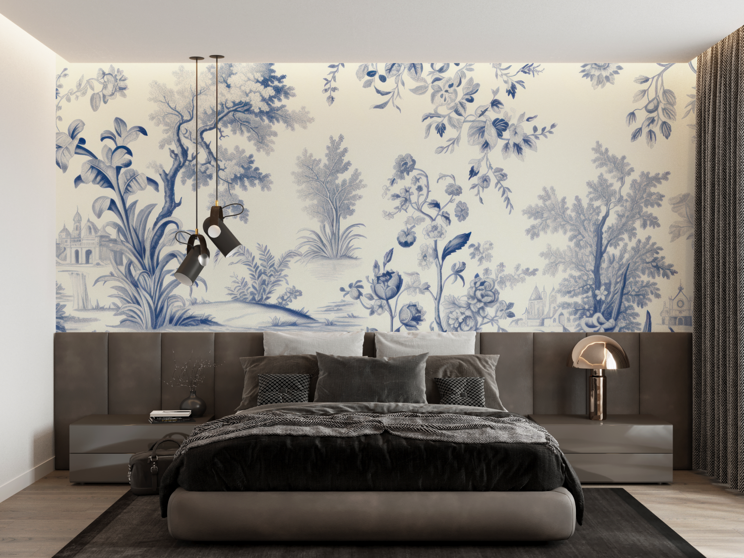 Papier Peint Toile De Jouy Bleu - francais