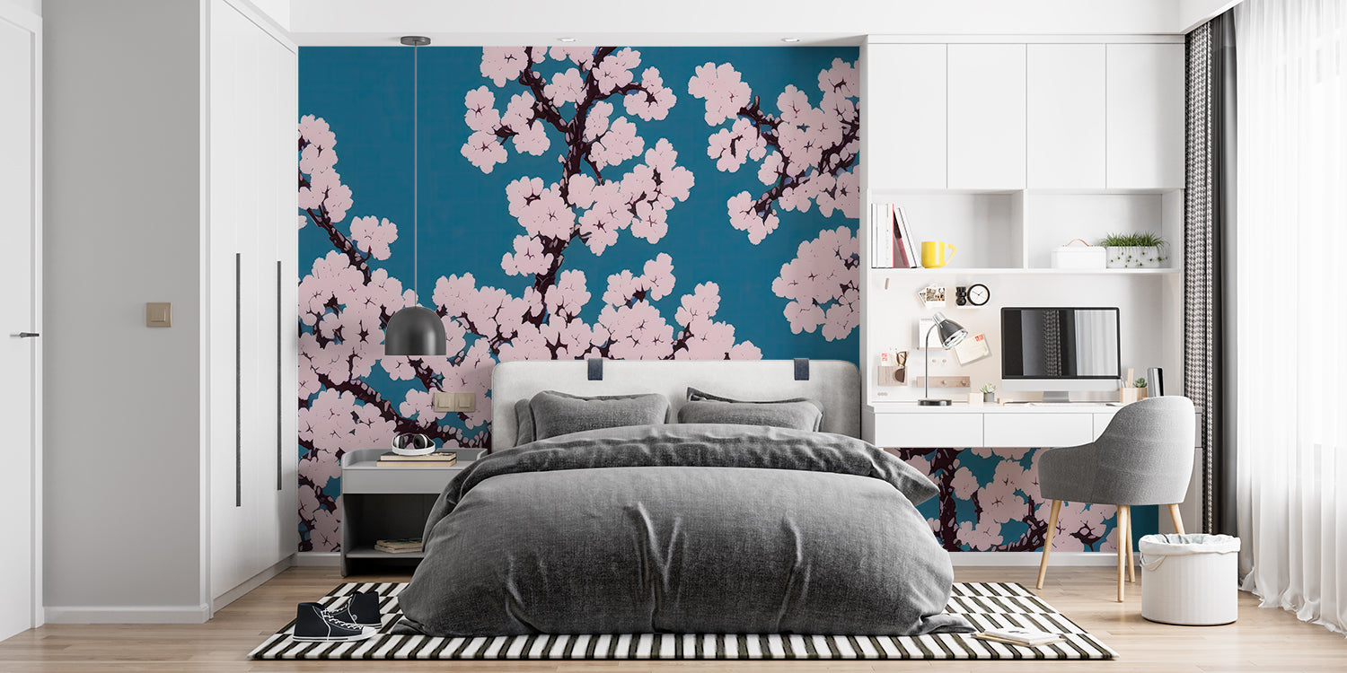 Papier Peint Cerisier Japonais Bleu
