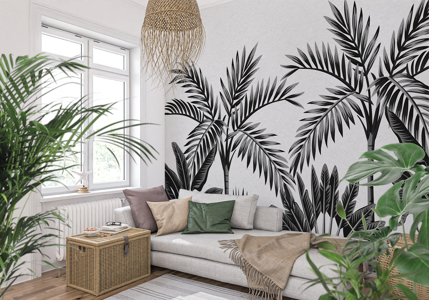 Papier Peint Feuillage Tropical Noir Et Blanc