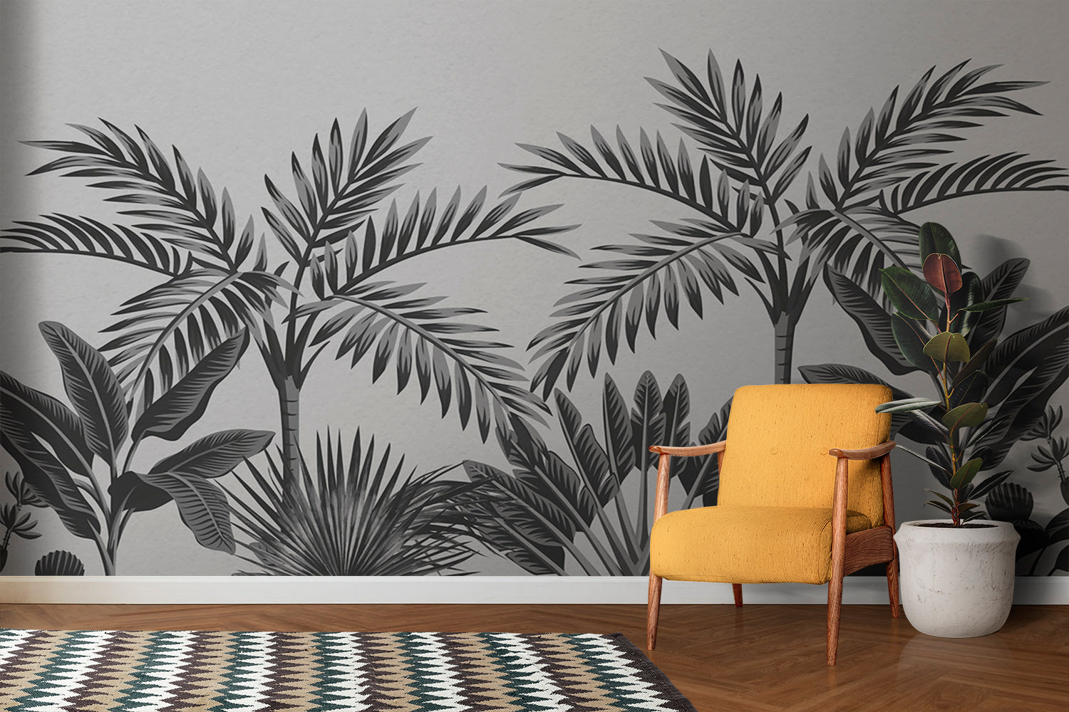 Papier Peint Feuillage Tropical Noir Et Blanc